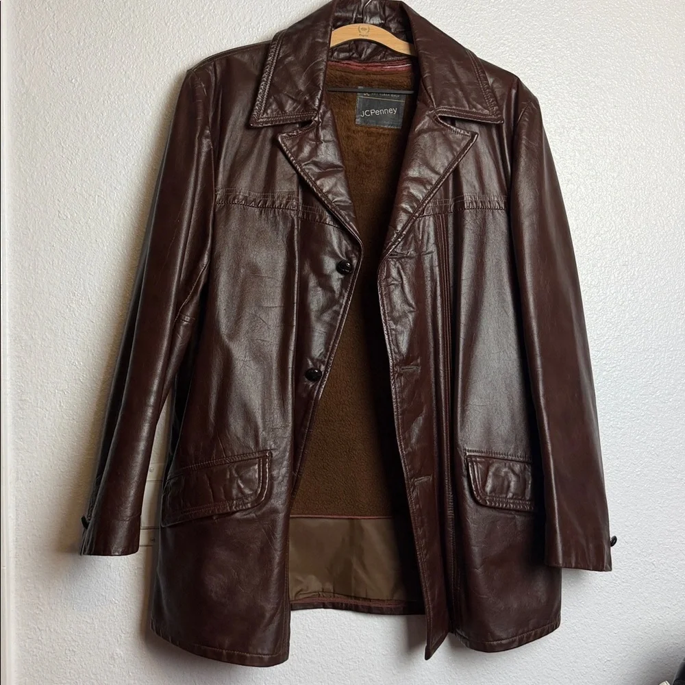 Vintage 70’s Leather Jacket Car Coat Dark Brown Size 40
